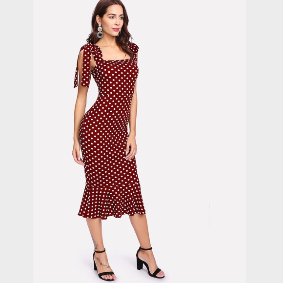 Polka Dot Mermaid Midi Dress Tie Straps Burgundy - Picture 3 of 8